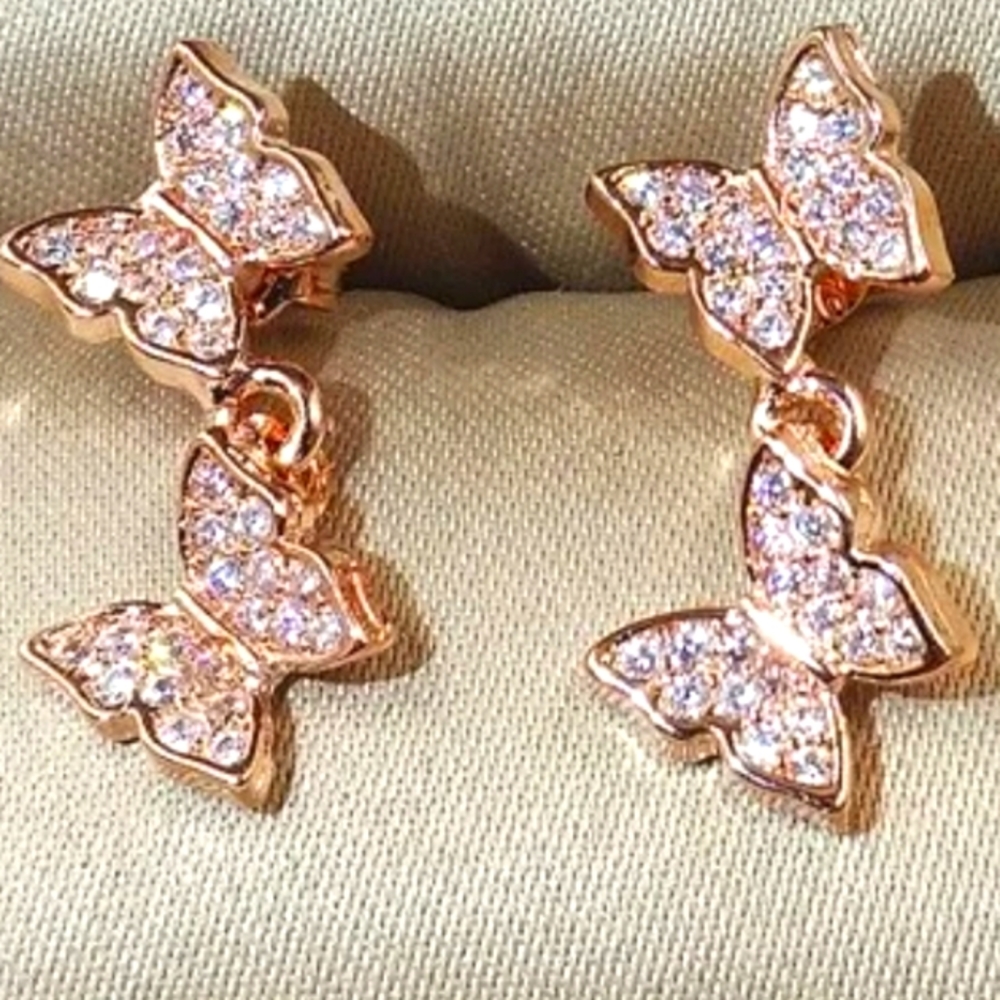 ROSE GOLD BUTTERFLY DANGLE EARRINGS ONE AND A HALF INCH ENCRUSTED WITH W…